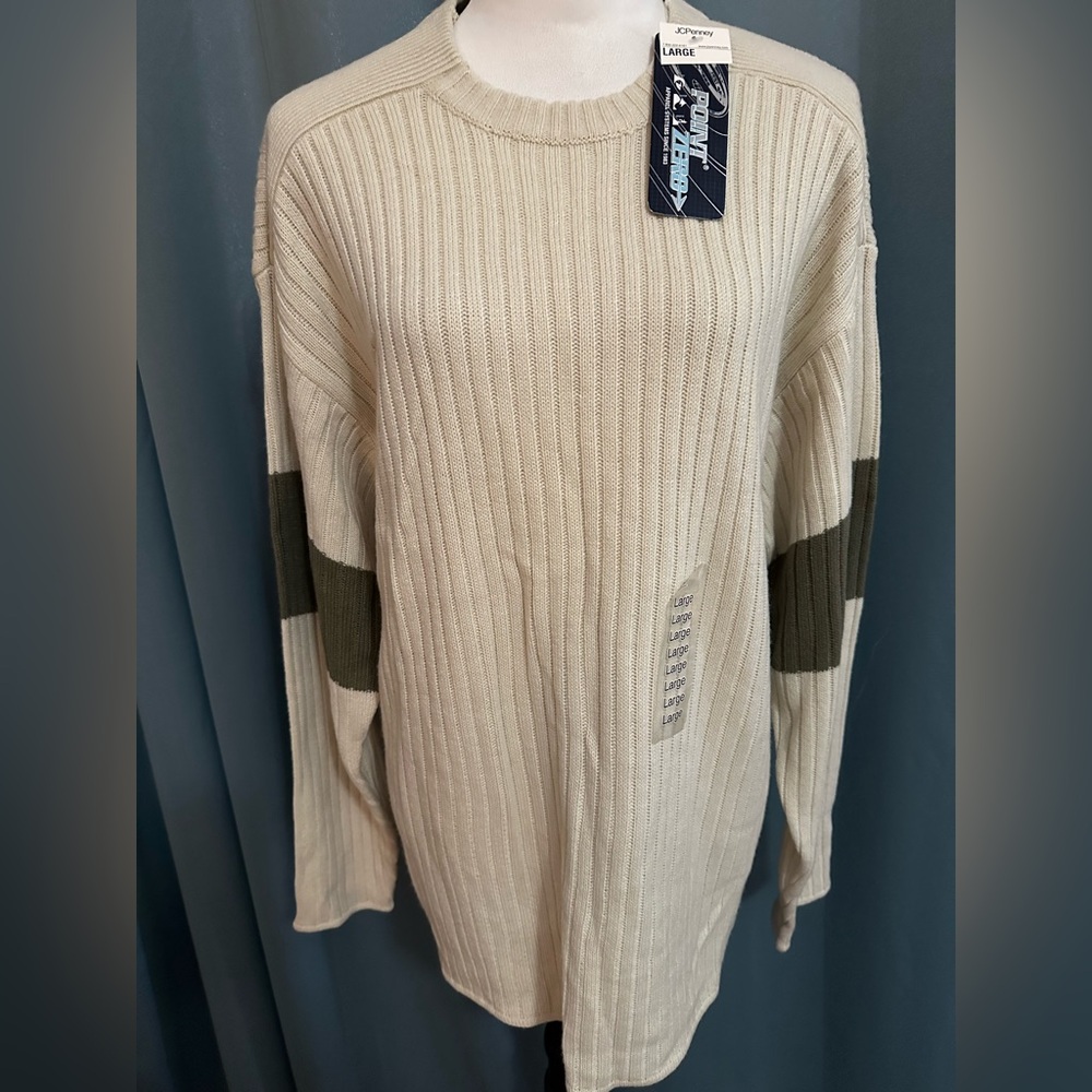 Point Zero Men’s Large Ribbed Knit Sweater Cream Olive Colorblock NWT